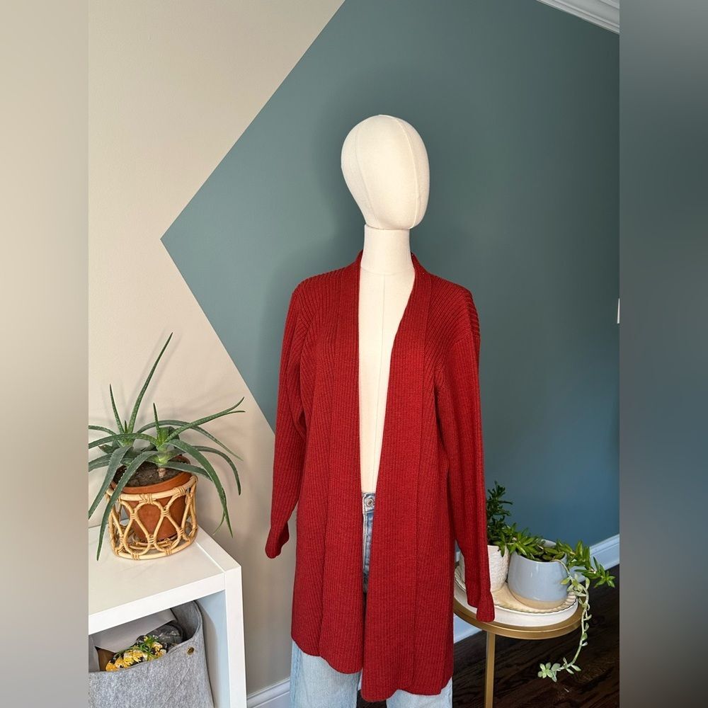Vintage Eileen Fisher Merino Wool Chunky Cardigan Sweater Jacket Ribbed Knit Red